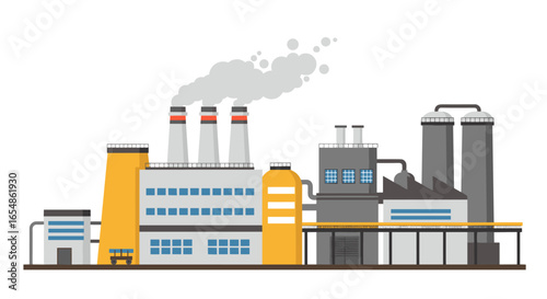 Flat industrial factory with smoke stacks and buildings