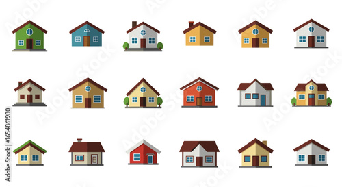 Diverse collection of cute flat style houses on white background