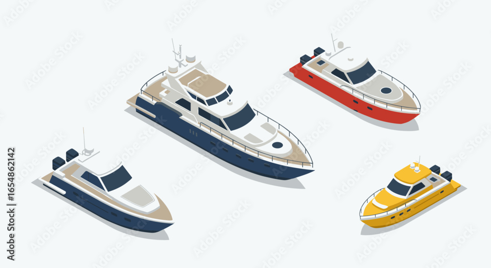 Naklejka premium Isometric yacht collection in various colors and designs on light background