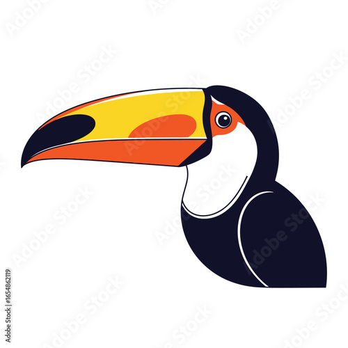 A stylized illustration of a toucan's head, featuring its colorful beak and distinctive markings.