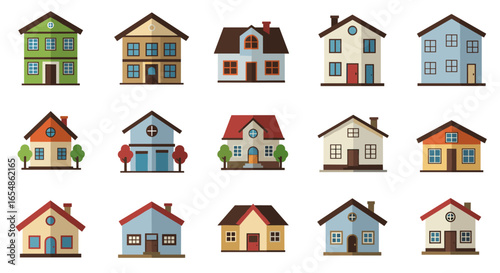 Charming collection of colorful flat style houses with various architectural designs
