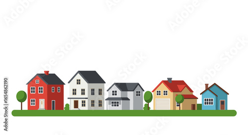 Colorful line of houses in suburban street with trees and grass