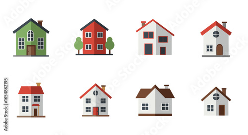Collection of cute cartoon style houses with variety of designs and colors