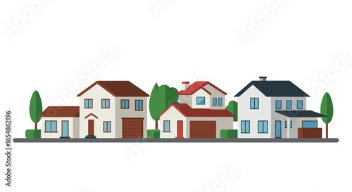 Charming suburban houses in a row with greenery and trees in a modern flat design