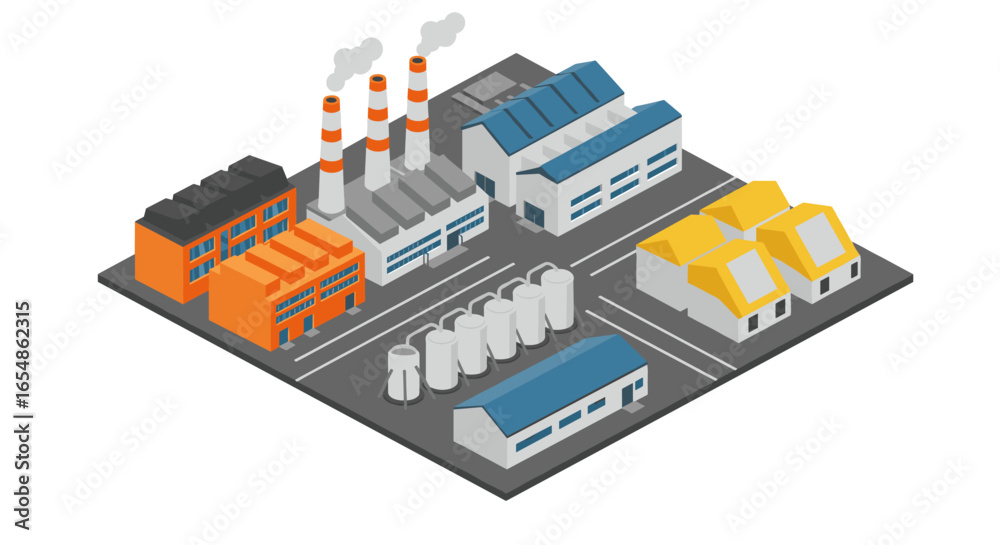 Obraz premium Isometric factory scene with industrial buildings and chimneys