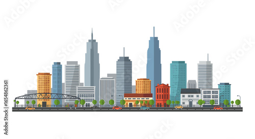 Modern urban skyline in flat design with colorful buildings and cars