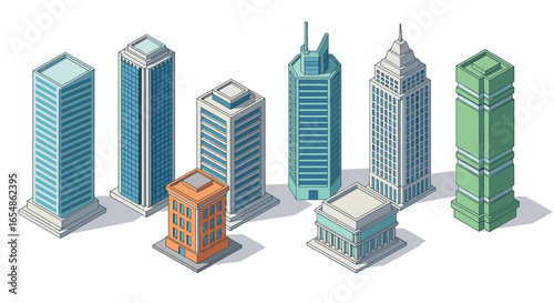 Stylized isometric skyscrapers collection with diverse architectural designs