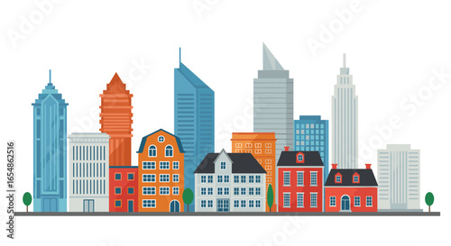 Modern cityscape with tall buildings and classic townhouses in flat design
