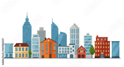 Colorful urban cityscape with diverse architectural styles