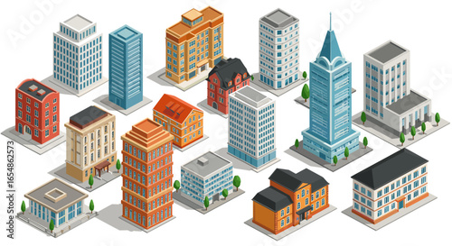 Urban cityscape with diverse architectural styles in isometric design