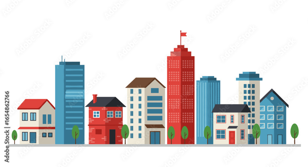 Fototapeta premium Charming urban skyline with modern and classic architecture in flat design