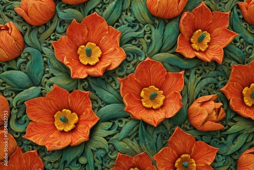 Intricate floral design, with detailed orange blossoms and teal leaves, creates a vibrant and decorative pattern.