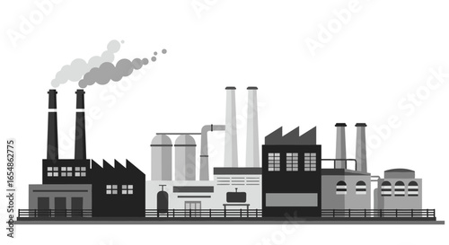 Monochrome industrial cityscape with factories and smokestacks