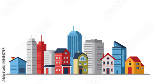 Colorful cityscape with modern and classic architecture in flat design