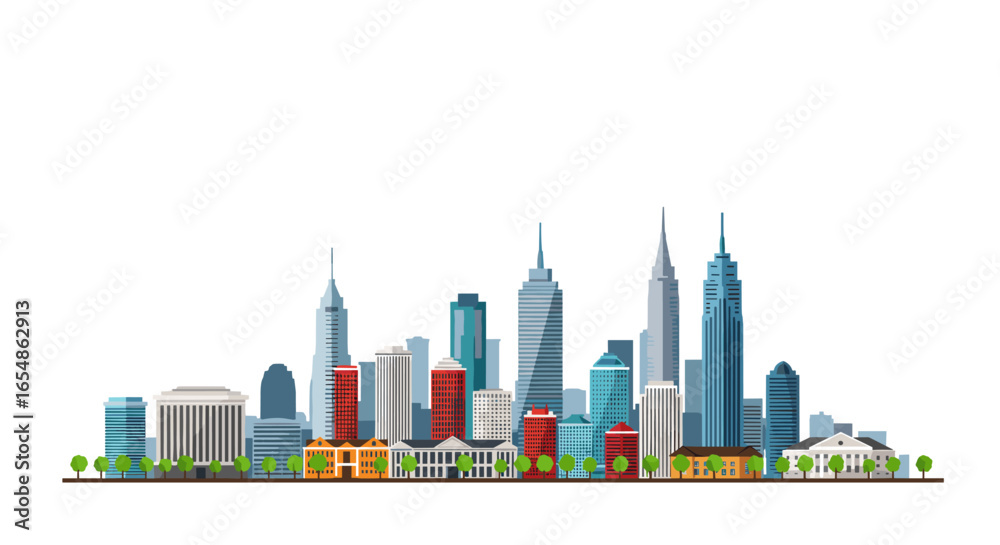 Obraz premium Modern urban skyline with colorful skyscrapers and classic buildings
