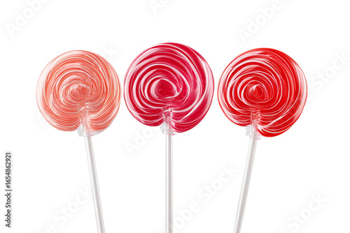 Three red and pink swirled lollipops isolated on white transparent background