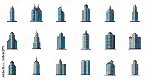 Modern city skyscrapers collection on white background