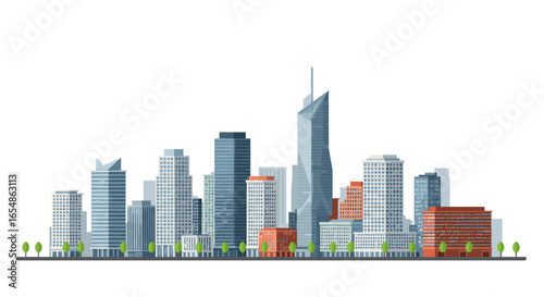 Modern urban skyline with diverse architecture in minimalist style