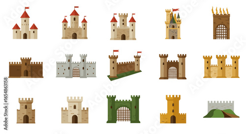 Collection of medieval castles and fortified towers with flags and gates