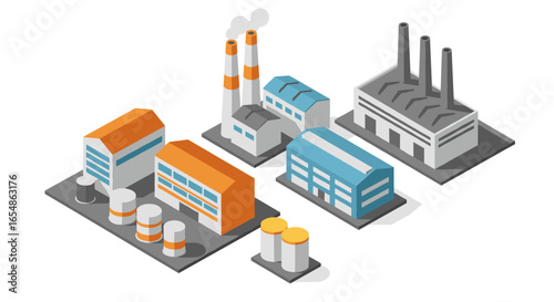 Isometric industrial factory layout with chimneys and storage tanks