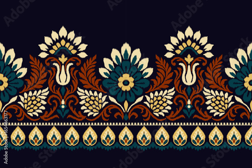 Ethnic Ikat floral embroidery damask border pattern with traditional paisley and abstract texture, seamless ornamental design for fabric, clothing, and home decoration, vintage textile illustration.
