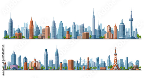 Modern city skylines with iconic international landmarks and urban architecture
