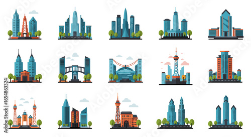 Collection of modern city skyline icons featuring diverse architectural styles