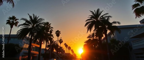 Sunset casts a golden glow on palm-lined Beverly Hills street , view, light