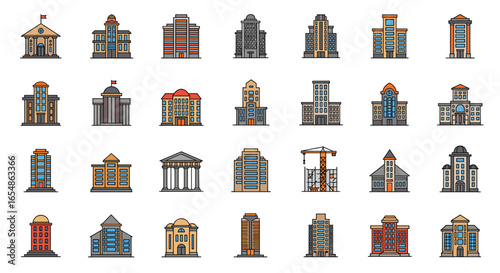 Collection of diverse urban building designs in flat style