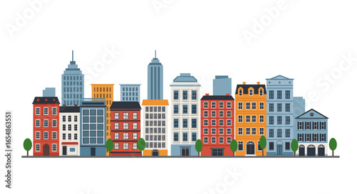 Colorful urban skyline with eclectic architecture and high-rise buildings