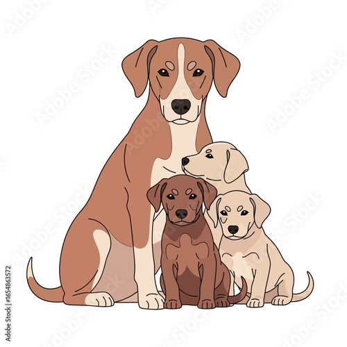 A cartoon illustration of a dog and her two playful puppies.