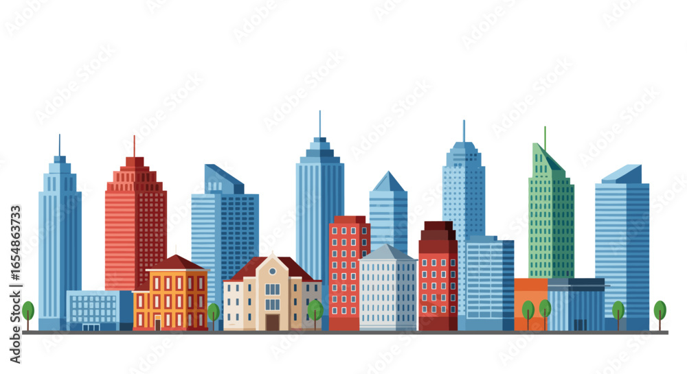 Fototapeta premium Flat style urban skyline with colorful buildings on white background