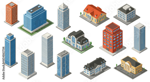 Diverse isometric urban architecture collection showcasing modern and traditional buildings