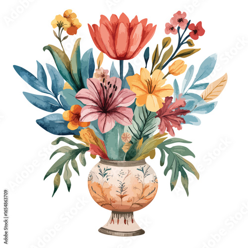 Watercolor floral arrangement with tulip lilies and foliage in an ornate vase