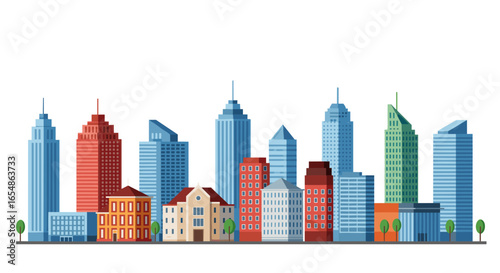 Flat style urban skyline with colorful buildings on white background