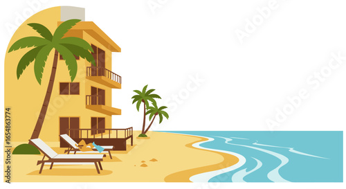Tropical beach resort with palm trees and relaxing sun loungers by the ocean