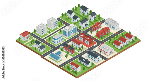 Charming isometric suburban town with houses, roads, and community buildings