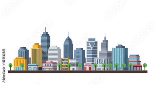 Modern urban cityscape with colorful skyscrapers and iconic architecture in flat style
