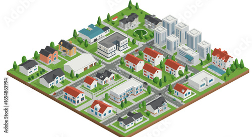 Isometric cityscape with modern architecture and suburban homes