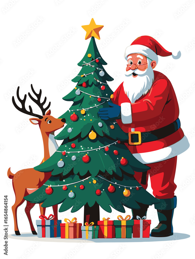 Fototapeta premium Santa Claus and reindeer decorating Christmas tree with gifts