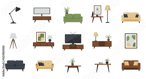 Modern furniture set for stylish interiors: sofas, tables, and lamps for home decor