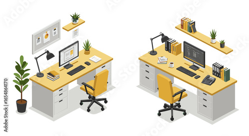 Modern office workspace with dual desks in isometric style featuring yellow chairs and potted plants