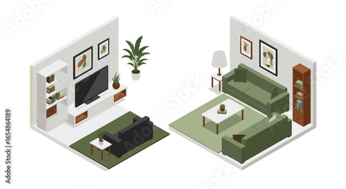 Cozy isometric living room interior with modern furniture and green accents