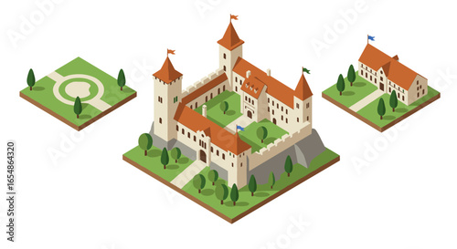 Isometric medieval castle with courtyard and gardens