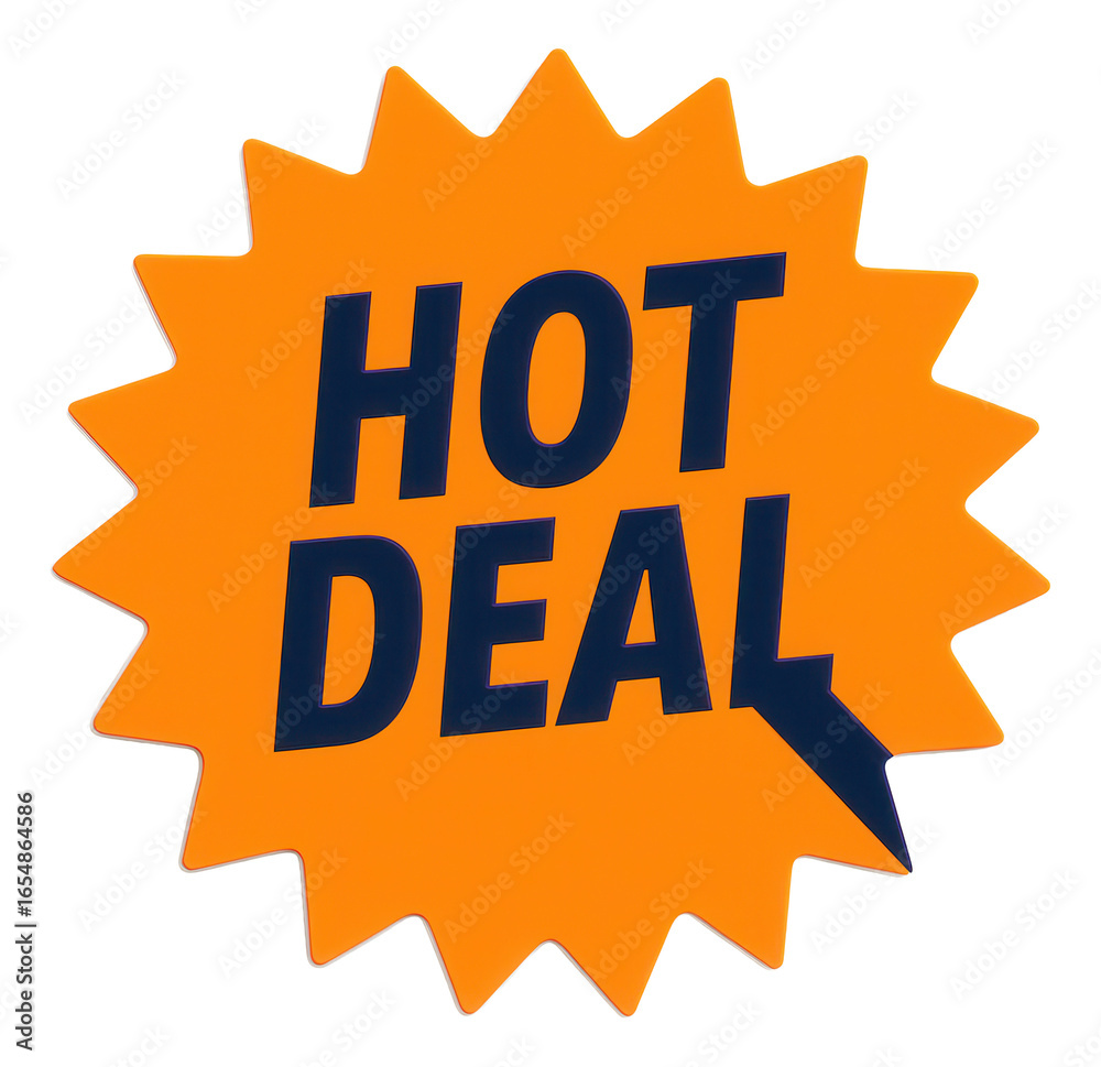 Fototapeta premium Vibrant orange burst sticker with HOT DEAL promotion in bold typography, striking retail offer on transparent background.