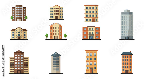 Collection of various residential and commercial building icons in flat design