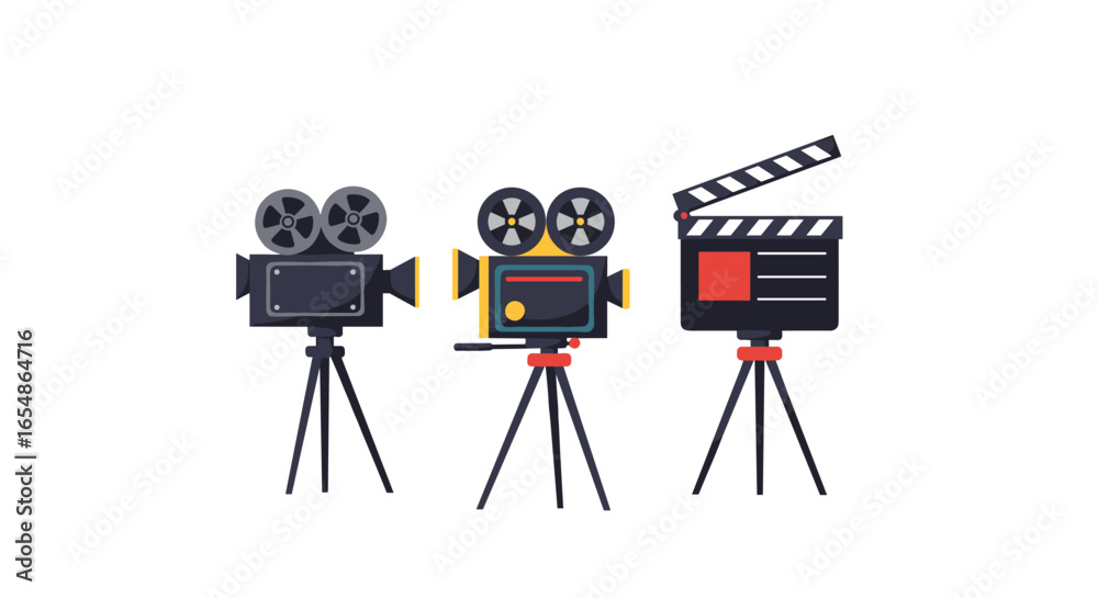 Obraz premium Retro cinema equipment: charming flat style movie cameras and clapperboard set