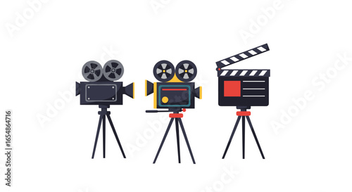 Retro cinema equipment: charming flat style movie cameras and clapperboard set