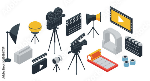 Isometric film and video production equipment icons set