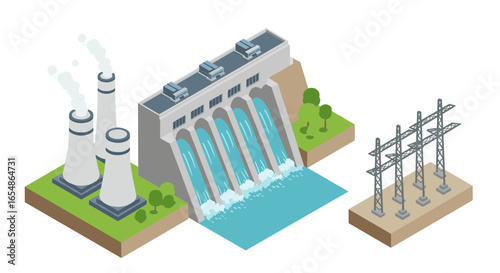 Isometric hydroelectric dam with power plant and transmission grid
